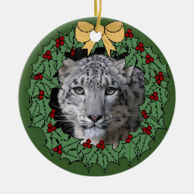 Snow Leopard Conservancy-Asha in Wreath Ceramic Ornament (Front)