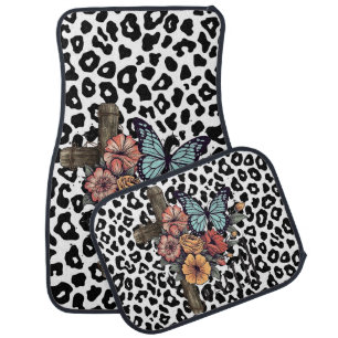 Snow Leopard Cross, Flowers and Butterflies Car Floor Mat