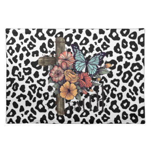 Snow Leopard Cross, Flowers and Butterflies Cloth Placemat