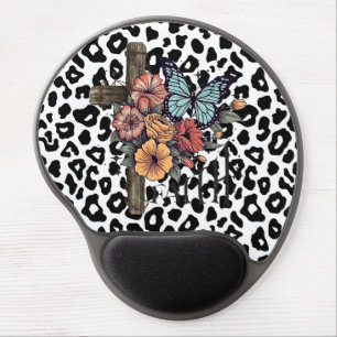Snow Leopard Cross, Flowers and Butterflies Gel Mouse Pad