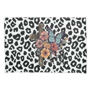 Snow Leopard Cross, Flowers and Butterflies Pillow Case