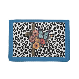 Snow Leopard Cross, Flowers and Butterflies Trifold Wallet