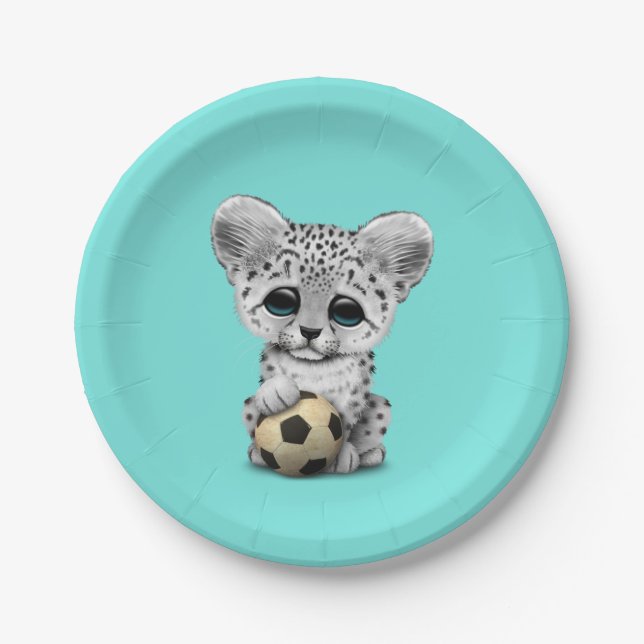 Snow leopard Cub With Football Soccer Ball Paper Plates (Front)