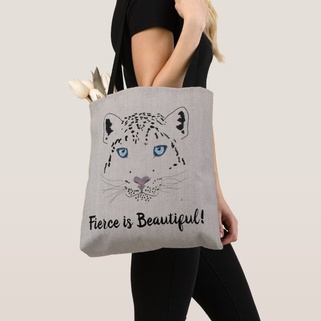 Snow Leopard Drawing Fierce is Beautiful Tote (Close Up)