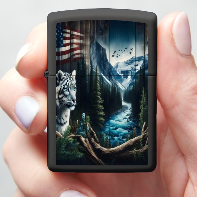 Snow Leopard Dreams of Mountain Stream Zippo Lighter (In Hand)