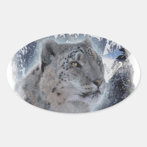 SNOW LEOPARD Endangered Species of Big Cat Oval Sticker
