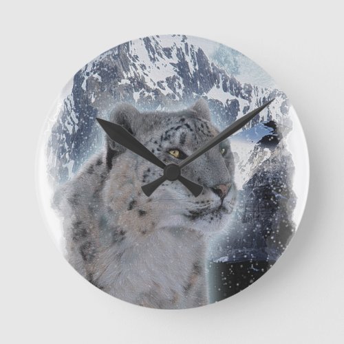 SNOW LEOPARD Endangered Species of Big Cat Round Clock