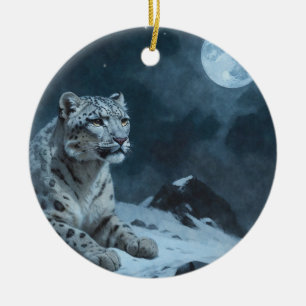 Snow Leopard & Full Moon Ceramic Ornament