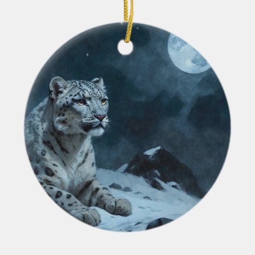 Snow Leopard  Full Moon Ceramic Ornament