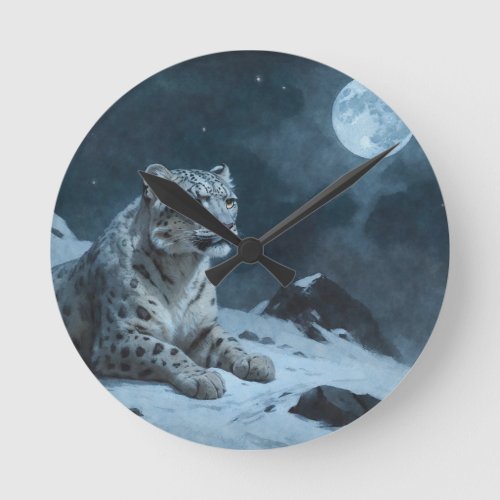 Snow Leopard  Full Moon Round Clock