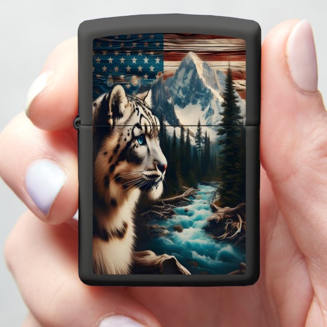 Snow Leopard Gazes at Mountain Stream Zippo Lighter (In Hand)