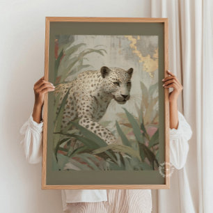 Snow Leopard Gold Leaf Botanical Sage Green Poster