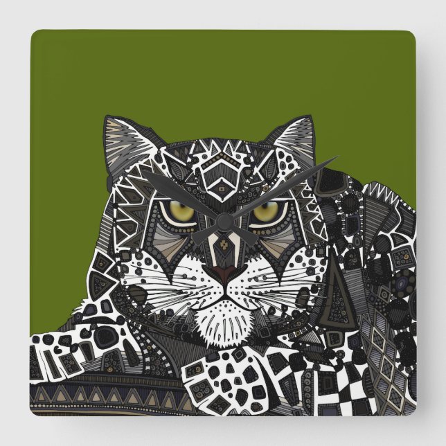 snow leopard green square wall clock (Front)