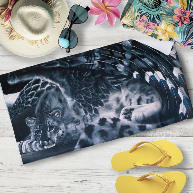 Snow Leopard Guardian Wings Fantasy Wildlife Beach Towel (Creator Uploaded)