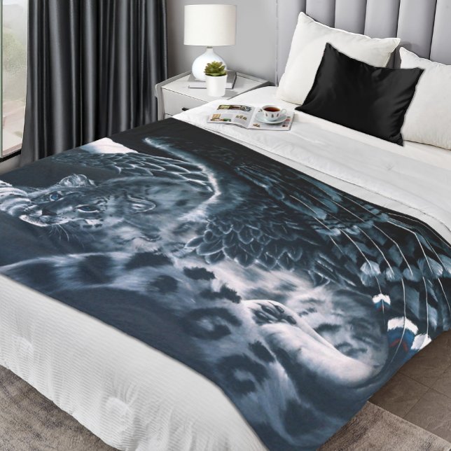 Snow Leopard Guardian Wings Fantasy Wildlife Fleece Blanket (Creator Uploaded)