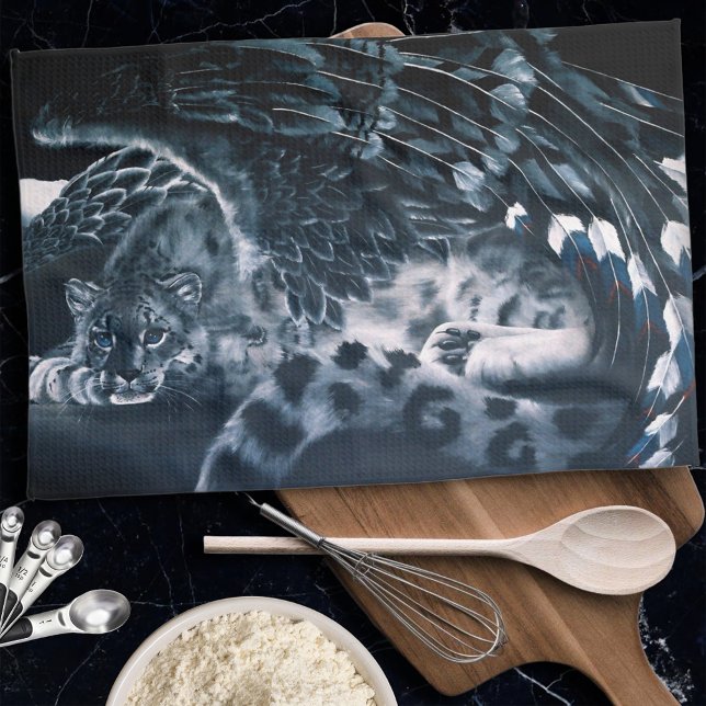 Snow Leopard Guardian Wings Fantasy Wildlife Kitchen Towel (Creator Uploaded)