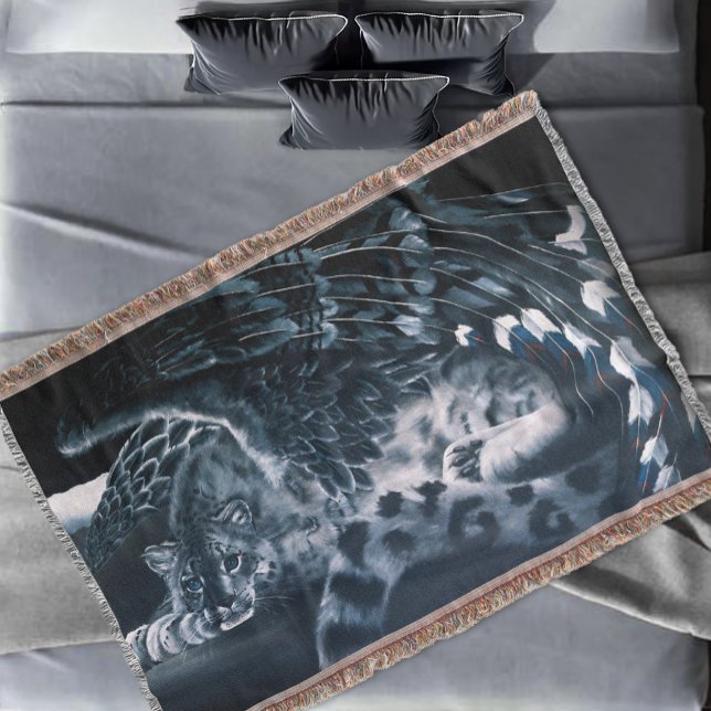 Snow Leopard Guardian Wings Fantasy Wildlife Throw Blanket (Creator Uploaded)