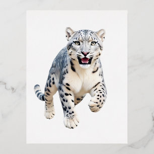 Snow Leopard Happy Playful Fun Jumping In The Air Foil Holiday Postcard