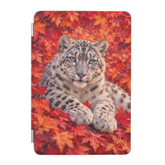 Snow Leopard in Autumn Maple Leaves – Wildlife Art iPad Mini Cover