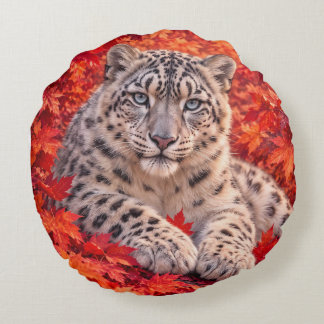 Snow Leopard in Autumn Maple Leaves – Wildlife Art Round Pillow