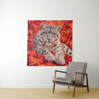 Snow Leopard in Autumn Maple Leaves – Wildlife Art Tapestry