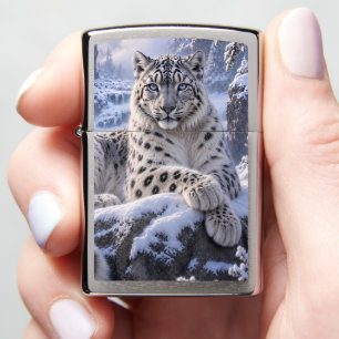 Snow Leopard in Frozen Mountain Waterfall – Winter Zippo Lighter