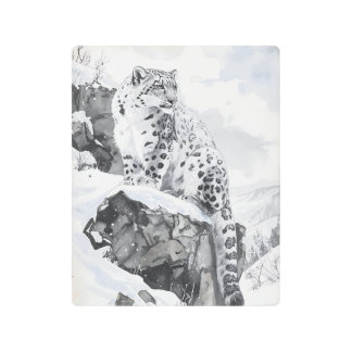 Snow Leopard in Winter Mountain Metal Wall Art