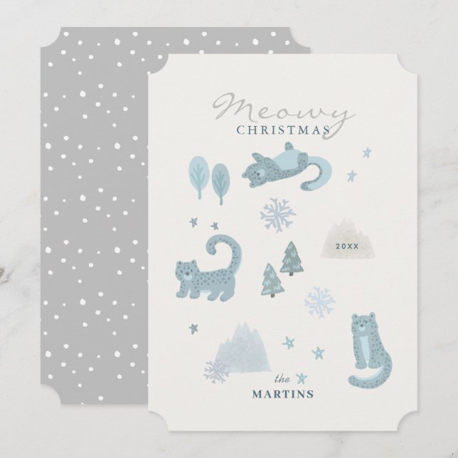 Snow Leopard Meowy Christmas Blue Holiday Card (Front/Back)