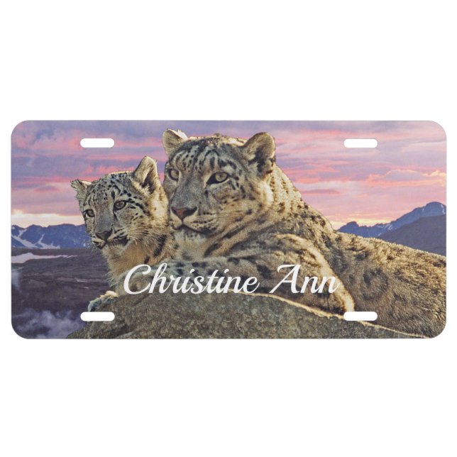 Snow Leopard Mother and Cute Cub - DIY Name License Plate (Front)