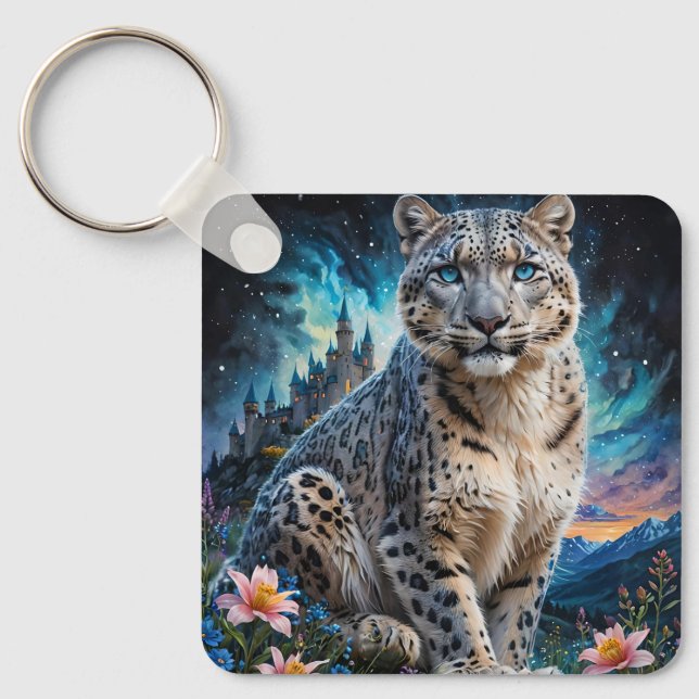 Snow Leopard Mountain Castle Starry Sky Keychain (Front)