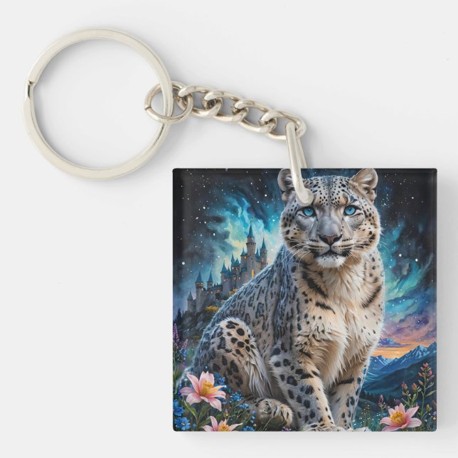 Snow Leopard Mountain Castle Starry Sky Keychain (Front)