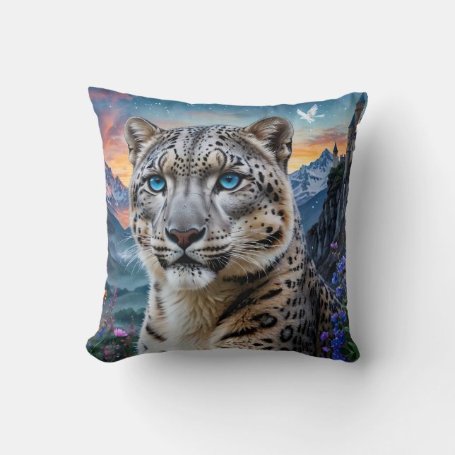 Snow Leopard Mountain Valley Sunset Throw Pillow (Front)