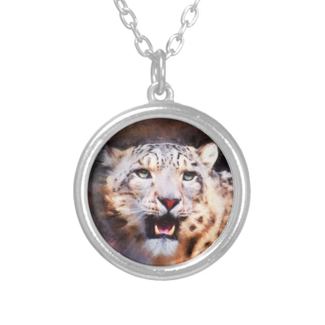 Snow Leopard, original art, big cats Silver Plated Necklace (Front)