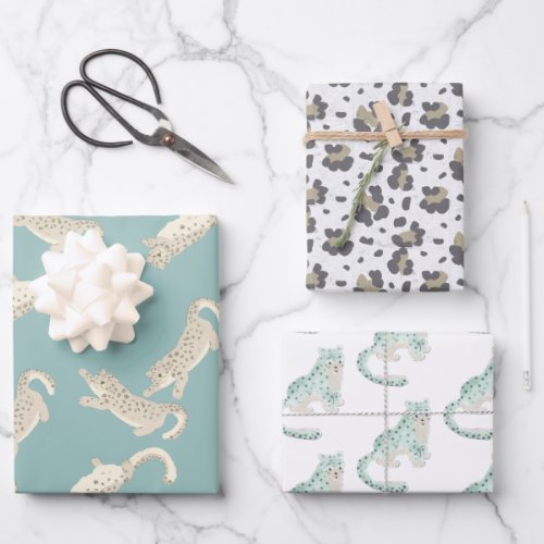 Snow Leopard Pattern Blue Wrapping Paper Sheets
