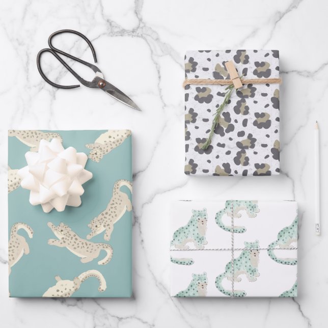 Snow Leopard Pattern Blue Wrapping Paper Sheets (Front)