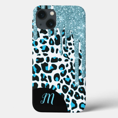 Snow Leopard Pattern with Glitter and Monogram iPhone 13 Case