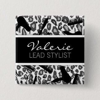 Snow Leopard Print (Custom) Hair Salon Name Badge Pinback Button