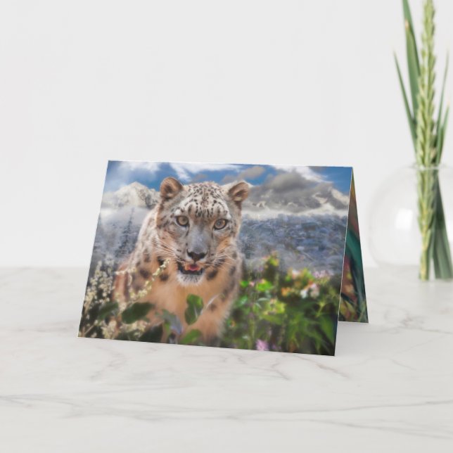 SNOW LEOPARD SPRINGTIME FLOWERS CARD (Front)