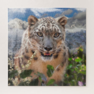 SNOW LEOPARD SPRINGTIME FLOWERS JIGSAW PUZZLE