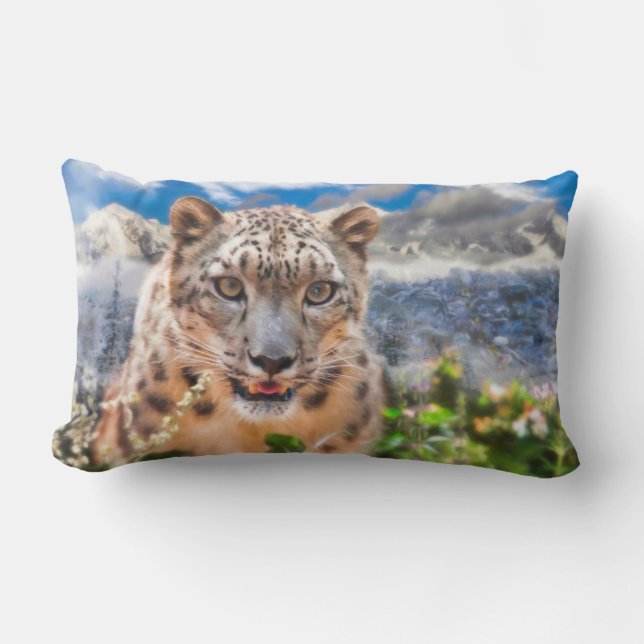 SNOW LEOPARD SPRINGTIME FLOWERS LUMBAR PILLOW (Front)