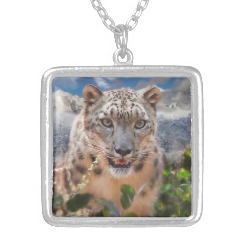 SNOW LEOPARD SPRINGTIME FLOWERS SILVER PLATED NECKLACE