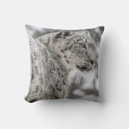 Snow Leopard Standing in Snow Throw Pillow