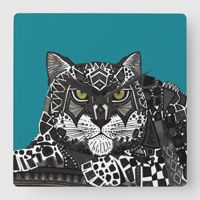 snow leopard teal blue square wall clock (Front)