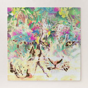 Snow leopard tropical floral Hawaiian pastel Jigsaw Puzzle
