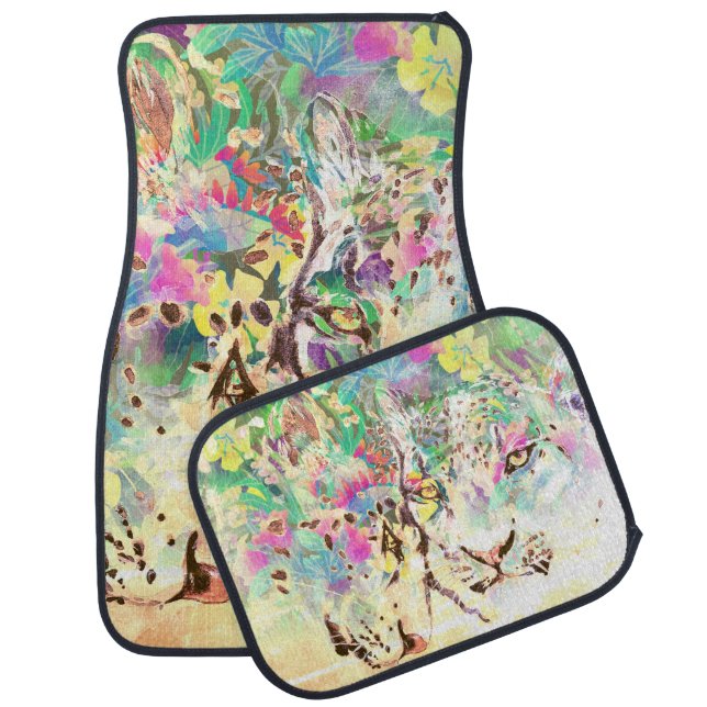 Snow leopard tropical flowers Hawaiian animal Car Floor Mat (Set)