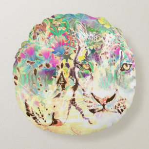 Snow leopard tropical flowers Hawaiian animal Round Pillow