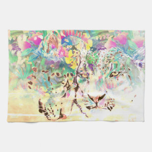 Snow leopard tropical flowers Hawaiian pastel Kitchen Towel