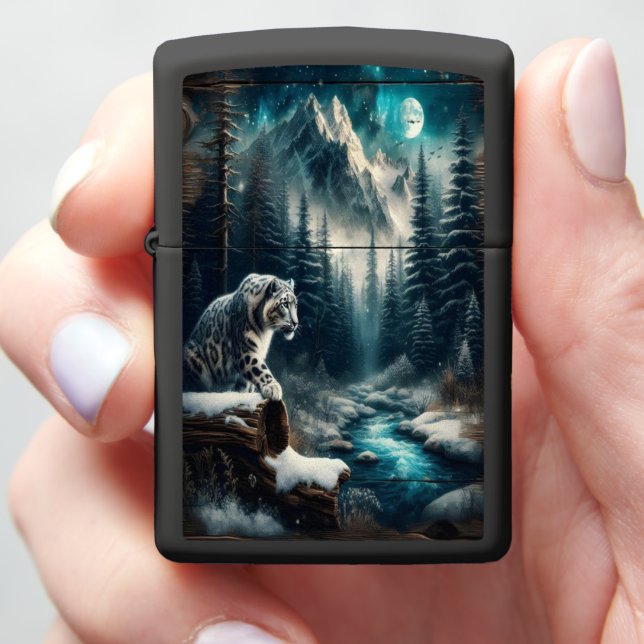 Snow Leopard Under The Moon Zippo Lighter (In Hand)