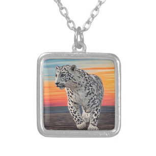 Snow Leopard Walking on the Beach During a Sunset Silver Plated Necklace