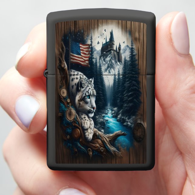 Snow Leopard Watches Over The Snowy Mountains Zippo Lighter (In Hand)